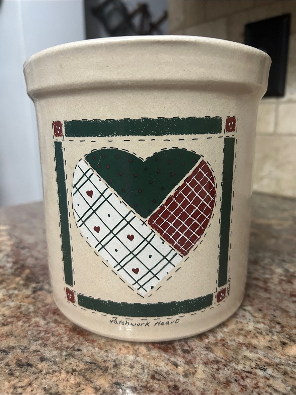 Vintage Robinson Ransbottom Pottery Co.-2Qt Patchwork Heart Ceramic Crock